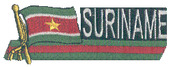 Cut-Out Flag Patch of Suriname - 1¾x4¾" embroidered Cut-Out Flag Patch of Suriname.<BR>Combines with our other Cut-Out Flag Patches for discounts.