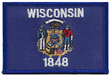 Standard Rectangle Flag Patch of State of Wisconsin - 2¼x3½" embroidered Standard Rectangle Flag Patch of the State of Wisconsin.<BR>Combines with our other Standard Rectangle Flag Patches for discounts.