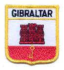 Shield Flag Patch of Gibraltar - 3x2½" embroidered Shield Flag Patch of Gibraltar.<BR>Combines with our other Shield Flag Patches for discounts.