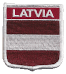 Shield Flag Patch of Latvia - 3x2½" embroidered Shield Flag Patch of Latvia.<BR>Combines with our other Shield Flag Patches for discounts.