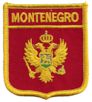 Shield Flag Patch of Montenegro - 3x2½" embroidered Shield Flag Patch of Montenegro.<BR>Combines with our other Shield Flag Patches for discounts.