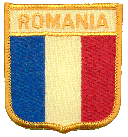 Shield Flag Patch of Romania - 3x2½" embroidered Shield Flag Patch of Romania.<BR>Combines with our other Shield Flag Patches for discounts.