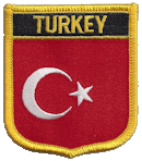 Shield Flag Patch of Turkey - 3x2½" embroidered Shield Flag Patch of Turkey.<BR>Combines with our other Shield Flag Patches for discounts.